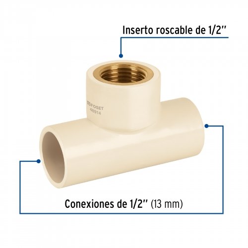 Tee rosca central hembra CPVC 1/2" inserto latón, Foset
