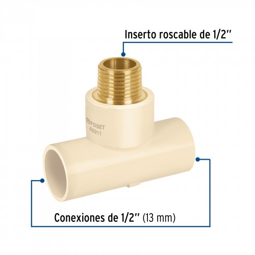 Tee rosca central macho CPVC 1/2" inserto latón, Foset