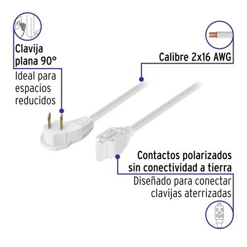 Extensión eléctrica doméstica clavija plana, blanca