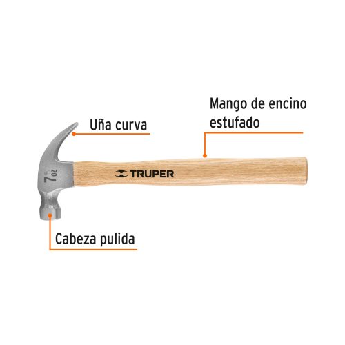 Martillo pulido, 7 oz, uña curva, mango madera, TRUPER