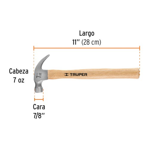 Martillo pulido, 7 oz, uña curva, mango madera, TRUPER