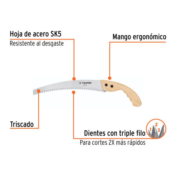 Serrucho de poda 12",hoja curva,6 DPP, mango madera, TRUPER