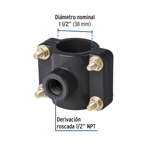Abrazadera para toma domiciliaria PP 1-1/2" x 1/2", Foset