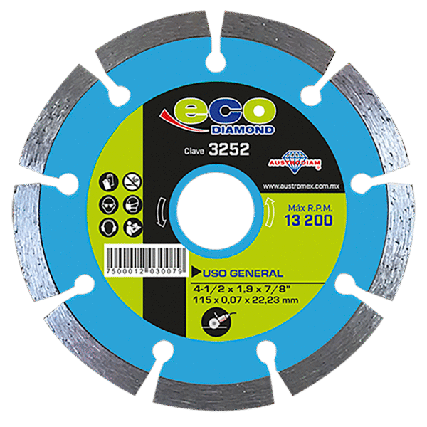 Disco de diamante de 115 x 1.9 x 22.23 mm para corte de materiales de construcción en general: concreto, mármol, granito o cantera