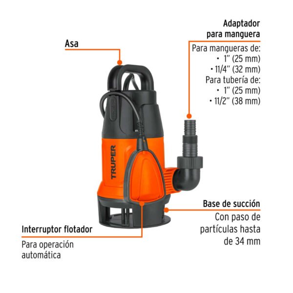 Bomba sumergible plástica, 1/2 HP para agua sucia, TRUPER