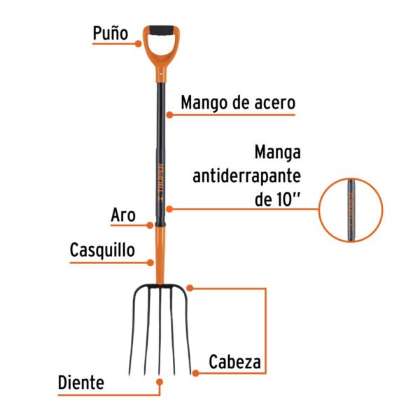 Bieldo para paja, 5 dientes, mgo de acero 37",puño"Y" TRUPER