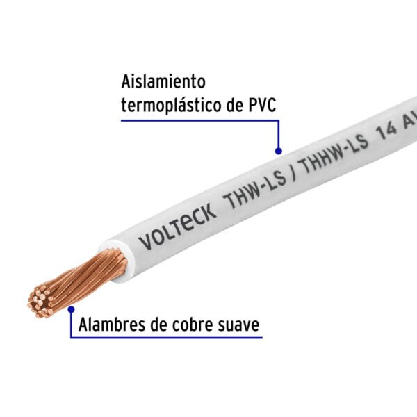 CAB-14B+FC1 Rollo de 100 m de cable THHW-LS 14 AWG blanco, VOLTECK