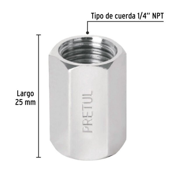 Cople de acero, hembra-hembra, cuerda 1/4" NPT, PRETUL