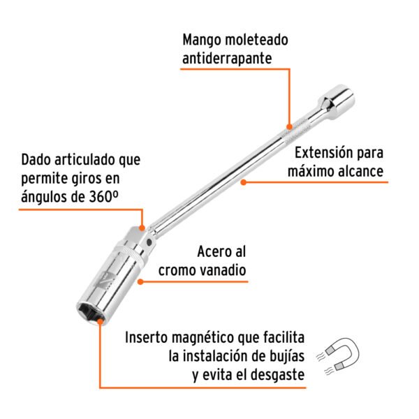 Dado p/bujías cuadro 3/8" articulado 5/8", extensión 10"