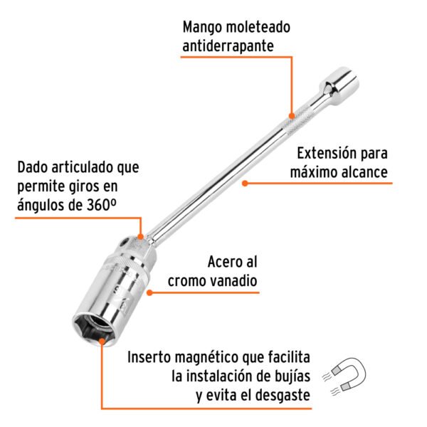 D-3826-BE10+FC1 Dado p/bujías cuadro 3/8" articulado 13/16", extensión 10"