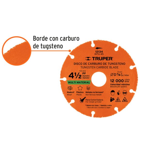 Disco 4-1/2" multimaterial de carburo de tungsteno, TRUPER