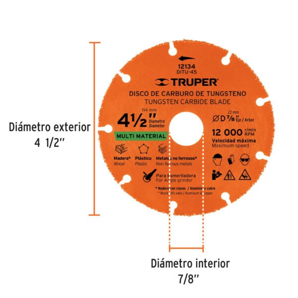 Disco 4-1/2" multimaterial de carburo de tungsteno, TRUPER