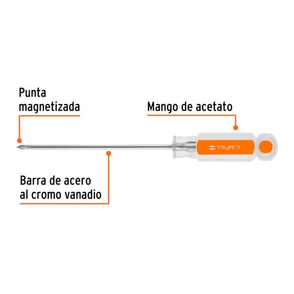 Desarmador de cruz 1/8" x 4" mango de acetato, TRUPER