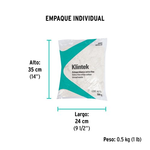 Bolsa de 1/2 kg de estopa extra fina, color blanco, KLINTEK