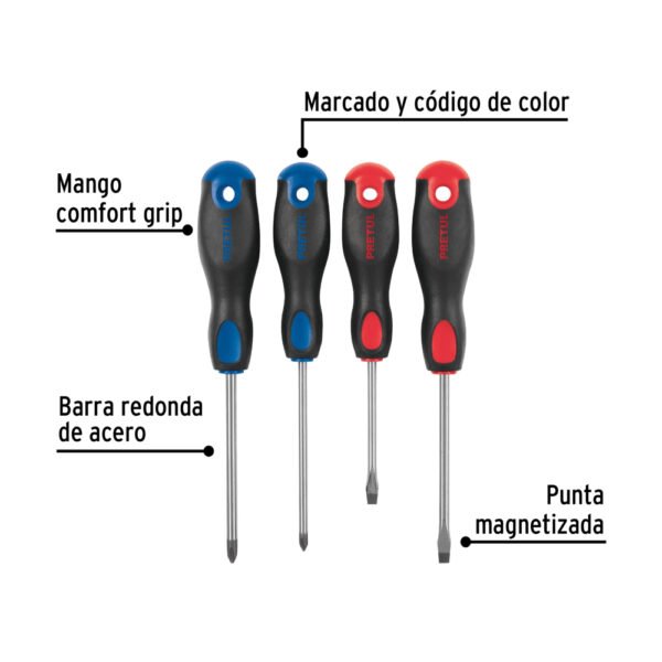 Juego de 4 desarmadores mango Comfort Grip, PRETUL