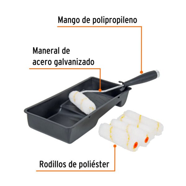 Kit de rodillo para pintar, 4" (maneral, charola y 5 felpas)