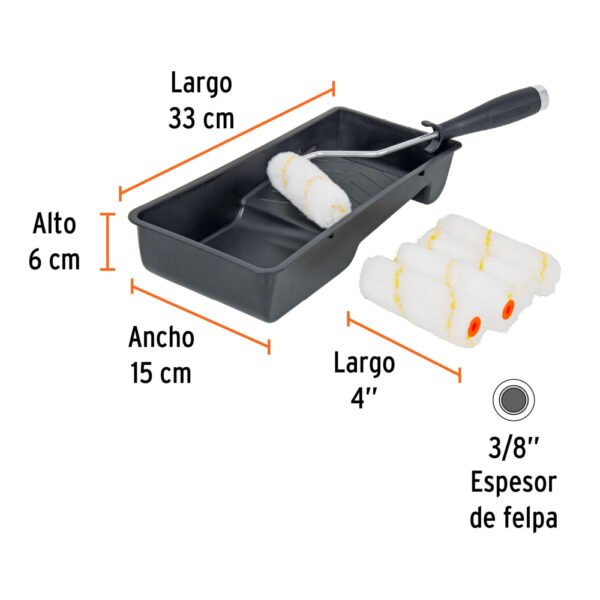 Kit de rodillo para pintar, 4" (maneral, charola y 5 felpas)