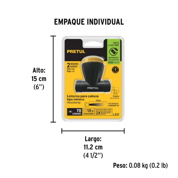 Linterna de minero LED, 70 lm, recargable, PRETUL