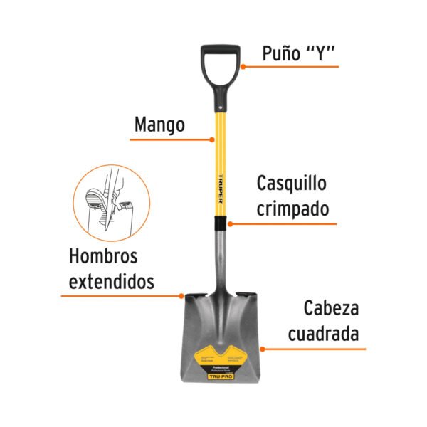 Pala cuadrada Tru Pro, puño "Y", mango de fibra de vidrio