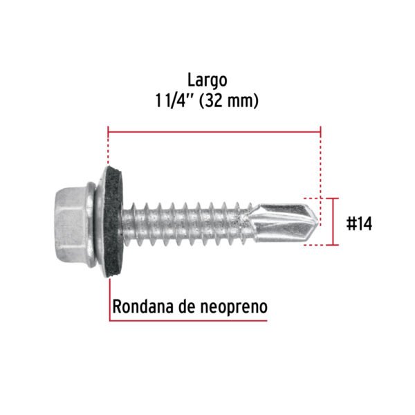 Blíster 8 pijas #14x1-1/4" hexagonal punta broca con rondana
