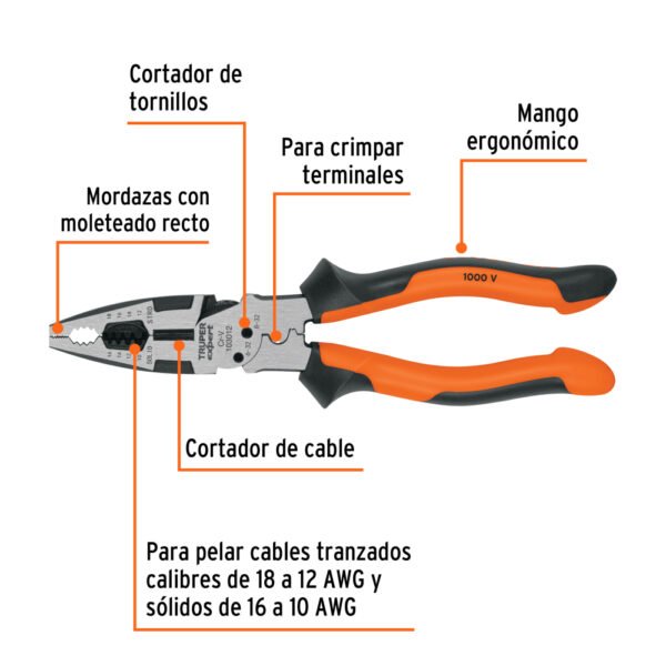 Pinza multiuso 8" electricista, comfort grip, TRUPER EXPERT