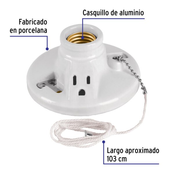 Portalámpara de porcelana, con ladrón y cadena, VOLTECK