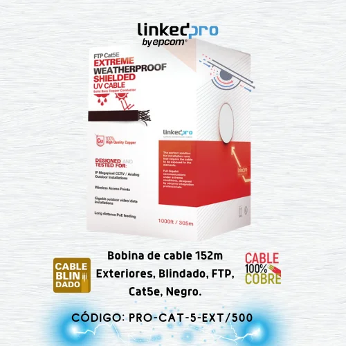 PRO-CAT-5-EXT-500 Bobina cable, Cat5e, FTP, blindado, para intemperie, color negro, UL, color negro, para aplicaciones en video vigilancia, redes de datos.