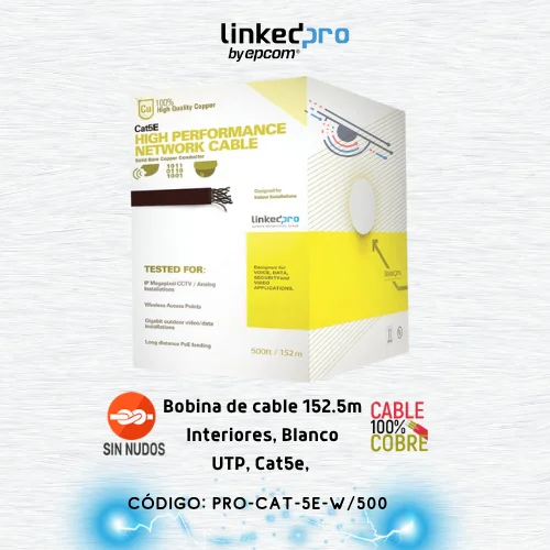 PRO-CAT-5E-W-500 Cable Cat5e de alto rendimiento certificaciones ETL, UL, de 500 ft ( 152.5 m ) de color Blanco, para aplicaciones en video vigilancia, redes de datos. Uso Interior.