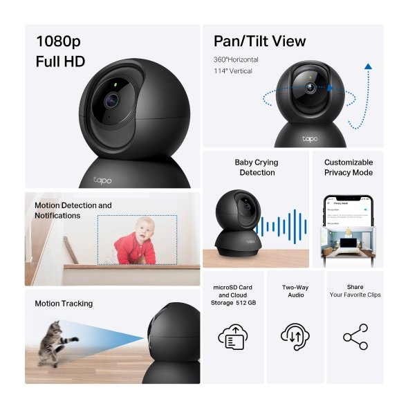 Cámara de Vigilancia Wi-Fi HD de 360 Grados con IA y Detección de Llanto de Bebé