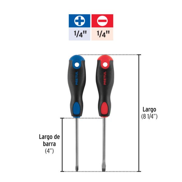 Dúo de desarmadores 1/4" x 4" mango Comfort Grip, PRETUL