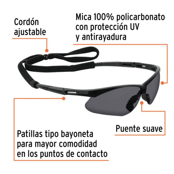 LESP-SN+FC1 Lentes seguridad grises antiempaño c/cordón ajustable, Sport
