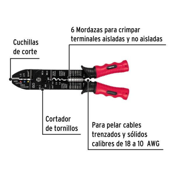 Pinza 9" pela cables, 18 a 10 AWG, PRETUL