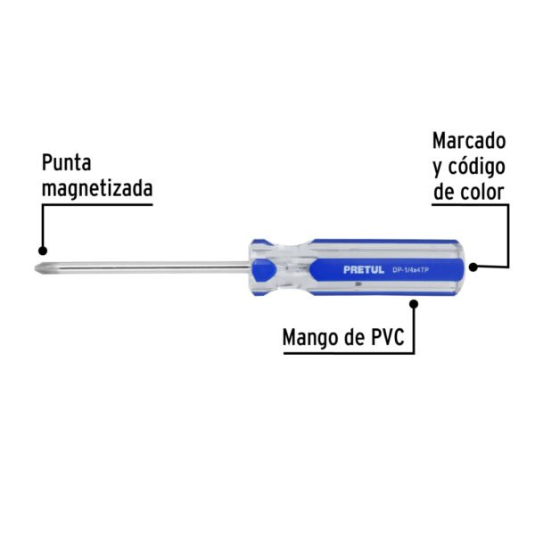 Desarmador de cruz 1/4 x 4" mango de PVC, PRETUL
