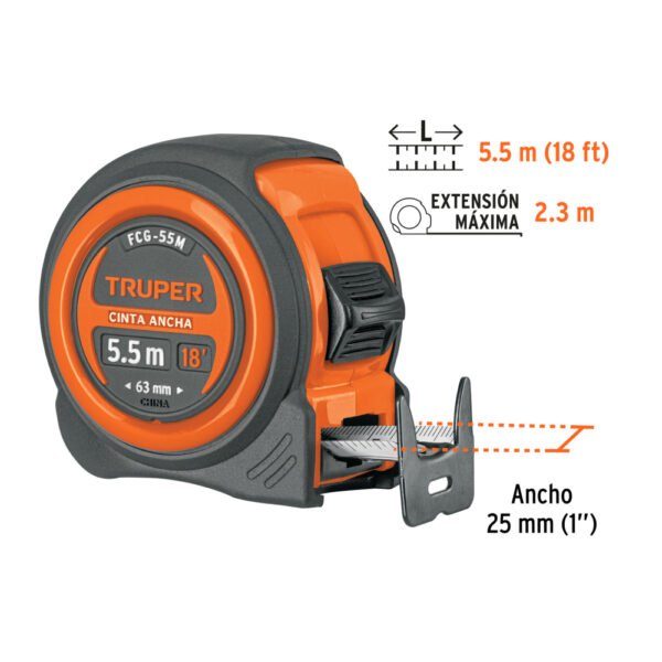 FCG-55M+FC2 Flexómetro compacto contra impactos 5.5 m cinta 25 mm,TRUPER