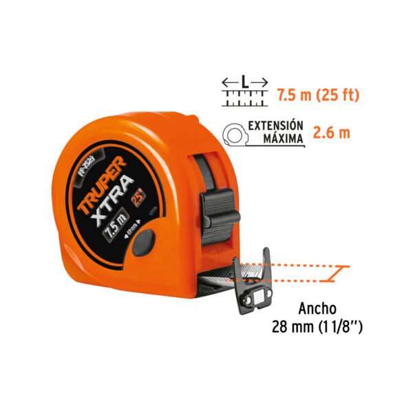 FF-7528+FC2 Flexómetro Gripper contra impactos 8 m cinta 25 mm, TRUPER (copia)