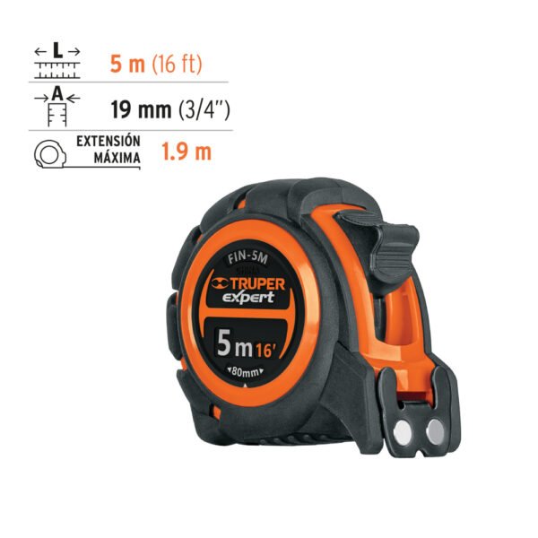 FIN-5M+FC2 Flexómetro industrial contra impactos 5 m cinta 19 mm