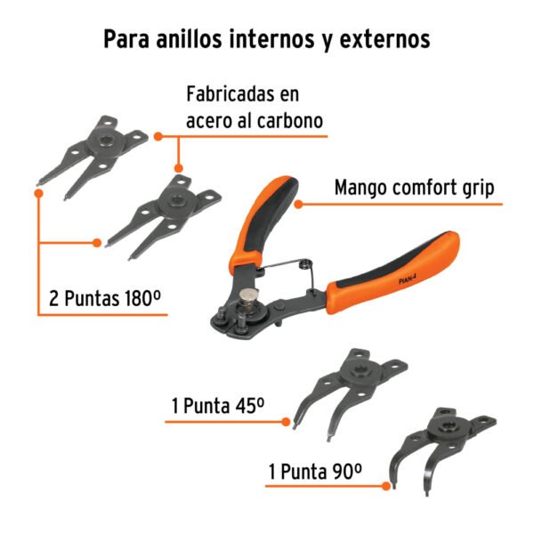 Pinza para anillos de retención 6" 4 cabezas intercambiables